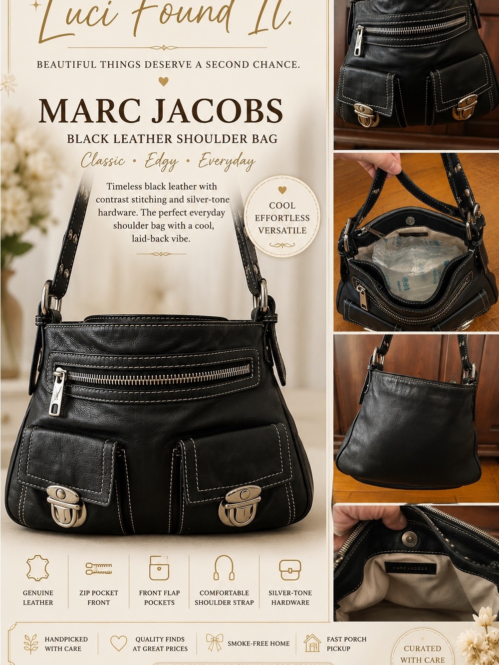 Marc Jacobs Black Leather Shoulder Bag with Silver-Tone Hardware